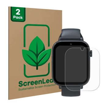 Face avant d’un emballage produit avec le logo de la marque ScreenLeaf. À côté, l’appareil Forever Kids Smartwatch est représe