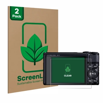 Face avant d’un emballage produit avec le logo de la marque ScreenLeaf. À côté, l’appareil Canon PowerShot SX740 HS Lite est r
