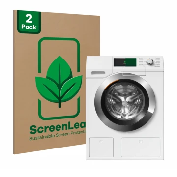 Face avant d’un emballage produit avec le logo de la marque ScreenLeaf. À côté, l’appareil Miele WEH875 est représenté avec la