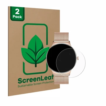 Face avant d’un emballage produit avec le logo de la marque ScreenLeaf. À côté, l’appareil LIGE FV12 1.43
