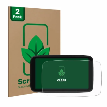 Face avant d’un emballage produit avec le logo de la marque ScreenLeaf. À côté, l’appareil TomTom GO Advanced est représenté a