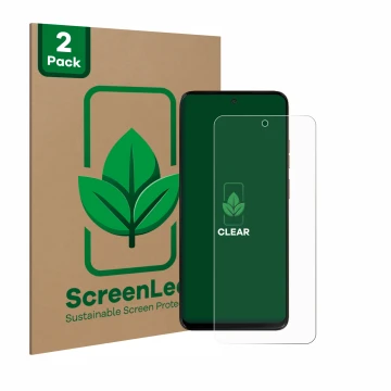Face avant d’un emballage produit avec le logo de la marque ScreenLeaf. À côté, l’appareil Motorola Moto G15 est représenté av