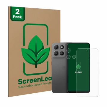 Face avant d’un emballage produit avec le logo de la marque ScreenLeaf. À côté, l’appareil Motorola Moto G15 (Avant+Caméra) es