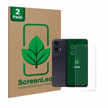 Face avant d’un emballage produit avec le logo de la marque ScreenLeaf. À côté, l’appareil Motorola Moto G35 (Avant+Caméra) es