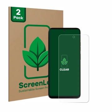 Face avant d’un emballage produit avec le logo de la marque ScreenLeaf. À côté, l’appareil Motorola Moto G15 Power est représe