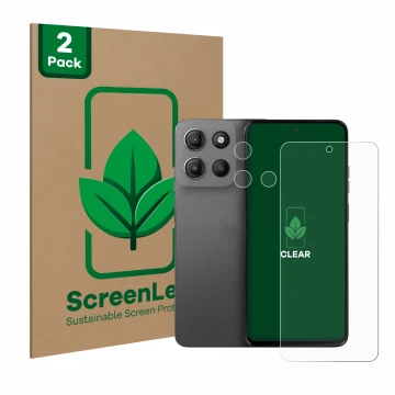 Face avant d’un emballage produit avec le logo de la marque ScreenLeaf. À côté, l’appareil Motorola Moto G15 Power (Avant+Camé