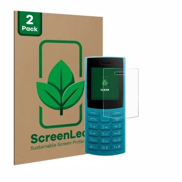 Face avant d’un emballage produit avec le logo de la marque ScreenLeaf. À côté, l’appareil Nokia 105 4G 2nd Edition est représ