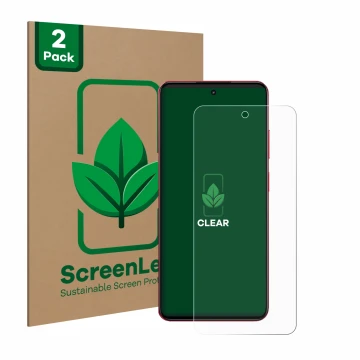 Face avant d’un emballage produit avec le logo de la marque ScreenLeaf. À côté, l’appareil realme 14x est représenté avec la p