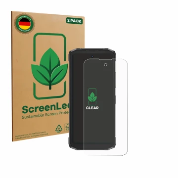 Face avant d’un emballage produit avec le logo de la marque ScreenLeaf. À côté, l’appareil Doogee Fire 6 Power est représenté 