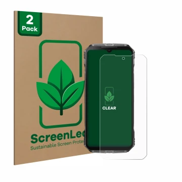 Face avant d’un emballage produit avec le logo de la marque ScreenLeaf. À côté, l’appareil Doogee S Cyber est représenté avec 