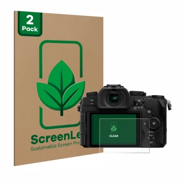 Face avant d’un emballage produit avec le logo de la marque ScreenLeaf. À côté, l’appareil Panasonic Lumix DC-G97 est représen