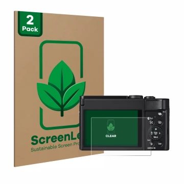 Face avant d’un emballage produit avec le logo de la marque ScreenLeaf. À côté, l’appareil Panasonic Lumix DC-TZ99 est représe