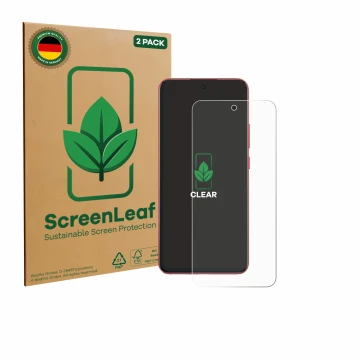Face avant d’un emballage produit avec le logo de la marque ScreenLeaf. À côté, l’appareil Oppo A5 Pro est représenté avec la 