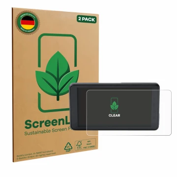Face avant d’un emballage produit avec le logo de la marque ScreenLeaf. À côté, l’appareil BMW ConnectedRide Navigator Full Co