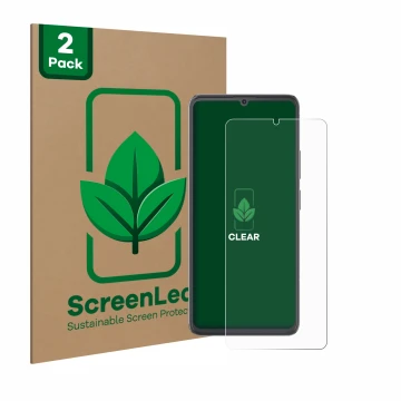 Face avant d’un emballage produit avec le logo de la marque ScreenLeaf. À côté, l’appareil Cubot A20 est représenté avec la pr