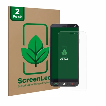 Face avant d’un emballage produit avec le logo de la marque ScreenLeaf. À côté, l’appareil Brondi Amico Vero 4G est représenté