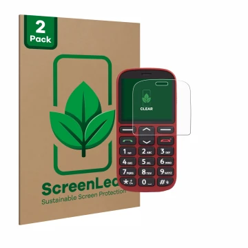 Face avant d’un emballage produit avec le logo de la marque ScreenLeaf. À côté, l’appareil Doro 1360 est représenté avec la pr