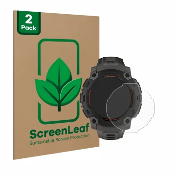 Face avant d’un emballage produit avec le logo de la marque ScreenLeaf. À côté, l’appareil Garmin Instinct E (45 mm) est repré