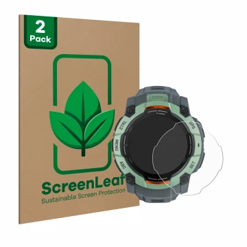 Face avant d’un emballage produit avec le logo de la marque ScreenLeaf. À côté, l’appareil Garmin Instinct 3 AMOLED (50 mm) es