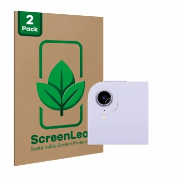 Face avant d’un emballage produit avec le logo de la marque ScreenLeaf. À côté, l’appareil Apple iPad Mini 7 2024 (Caméra UNIQ