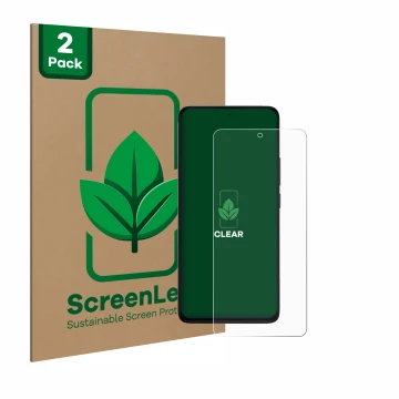 Face avant d’un emballage produit avec le logo de la marque ScreenLeaf. À côté, l’appareil Xiaomi Redmi Note 14 4G est représe