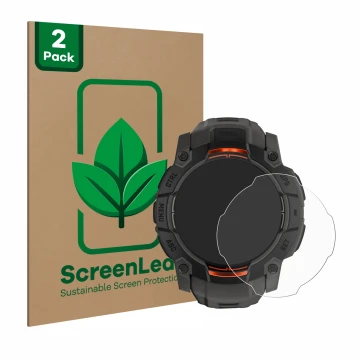 Face avant d’un emballage produit avec le logo de la marque ScreenLeaf. À côté, l’appareil Garmin Instinct 3 Solar (45 mm) est