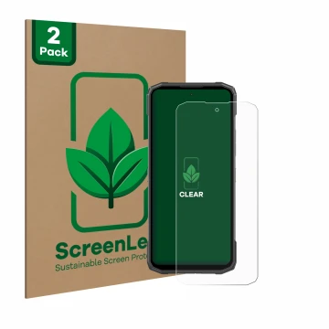 Face avant d’un emballage produit avec le logo de la marque ScreenLeaf. À côté, l’appareil Doogee Blade 10 Power est représent