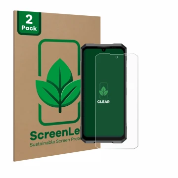 Face avant d’un emballage produit avec le logo de la marque ScreenLeaf. À côté, l’appareil Doogee Blade GT est représenté avec