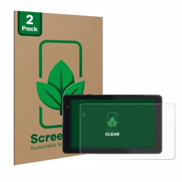 Face avant d’un emballage produit avec le logo de la marque ScreenLeaf. À côté, l’appareil Lisciani Mio Tab 7 est représenté a
