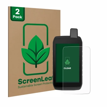 Face avant d’un emballage produit avec le logo de la marque ScreenLeaf. À côté, l’appareil Garmin Montana 710 est représenté a