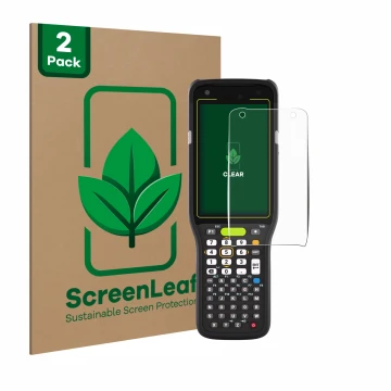 Face avant d’un emballage produit avec le logo de la marque ScreenLeaf. À côté, l’appareil Zebra MC3400 est représenté avec la