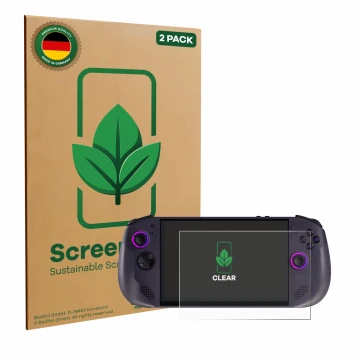 Face avant d’un emballage produit avec le logo de la marque ScreenLeaf. À côté, l’appareil Lenovo Legion Go S est représenté a
