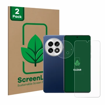 Face avant d’un emballage produit avec le logo de la marque ScreenLeaf. À côté, l’appareil OnePlus 13 (Avant+Caméra) est repré