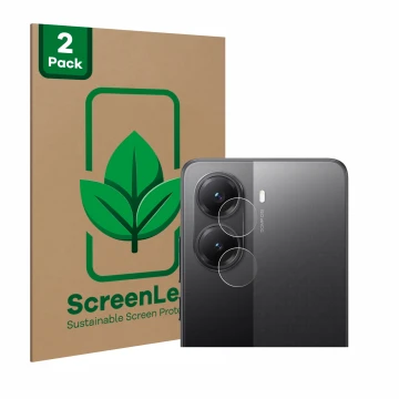 Face avant d’un emballage produit avec le logo de la marque ScreenLeaf. À côté, l’appareil Xiaomi Poco X7 Pro (Caméra UNIQUEME