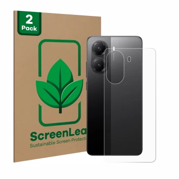 Face avant d’un emballage produit avec le logo de la marque ScreenLeaf. À côté, l’appareil Xiaomi Poco X7 Pro (Arrière) est re