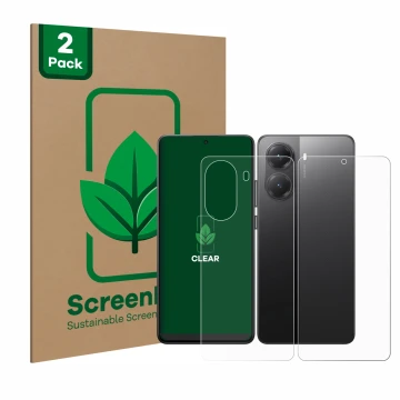 Face avant d’un emballage produit avec le logo de la marque ScreenLeaf. À côté, l’appareil Xiaomi Poco X7 Pro (Avant+Arrière) 