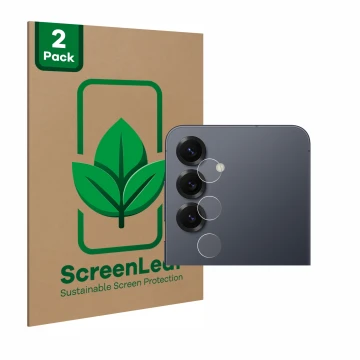 Face avant d’un emballage produit avec le logo de la marque ScreenLeaf. À côté, l’appareil Samsung Galaxy S25 (Caméra UNIQUEME