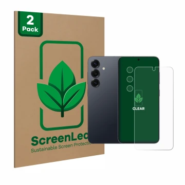 Face avant d’un emballage produit avec le logo de la marque ScreenLeaf. À côté, l’appareil Samsung Galaxy S25 (Avant+Caméra) e
