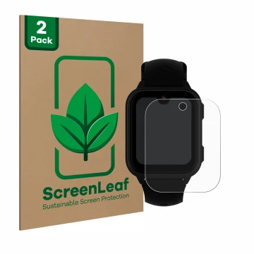 Face avant d’un emballage produit avec le logo de la marque ScreenLeaf. À côté, l’appareil Garett Kids Vibe 4G est représenté 