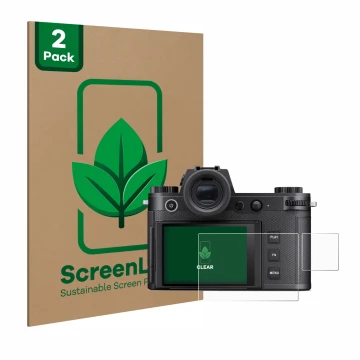 Face avant d’un emballage produit avec le logo de la marque ScreenLeaf. À côté, l’appareil Leica SL3-S (Affichage + affichage 
