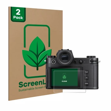 Face avant d’un emballage produit avec le logo de la marque ScreenLeaf. À côté, l’appareil Leica SL3-S est représenté avec la 