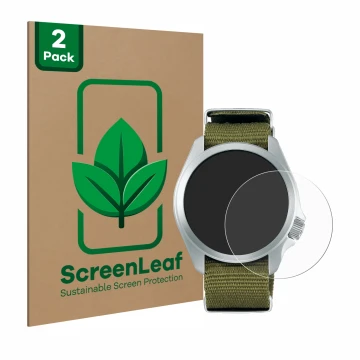 Face avant d’un emballage produit avec le logo de la marque ScreenLeaf. À côté, l’appareil Seiko 5 Sports SBSA055 est représen