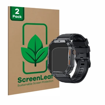 Face avant d’un emballage produit avec le logo de la marque ScreenLeaf. À côté, l’appareil bedee Smartwatch 1.96