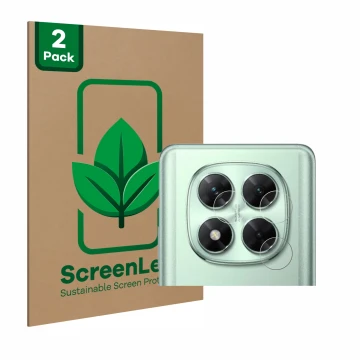 Face avant d’un emballage produit avec le logo de la marque ScreenLeaf. À côté, l’appareil Xiaomi Poco X7 (Caméra UNIQUEMENT) 