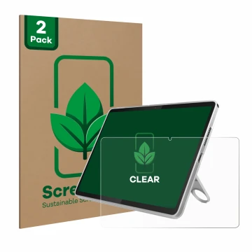 Face avant d’un emballage produit avec le logo de la marque ScreenLeaf. À côté, l’appareil Lenovo Tab 10.1