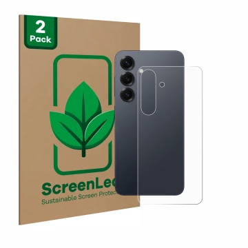 Face avant d’un emballage produit avec le logo de la marque ScreenLeaf. À côté, l’appareil Samsung Galaxy S25 (Arrière) est re