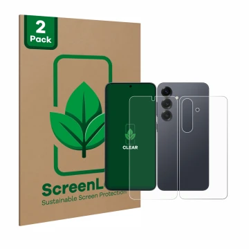 Face avant d’un emballage produit avec le logo de la marque ScreenLeaf. À côté, l’appareil Samsung Galaxy S25 (Avant+Arrière) 
