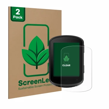 Face avant d’un emballage produit avec le logo de la marque ScreenLeaf. À côté, l’appareil Garmin Edge 540 Solar est représent