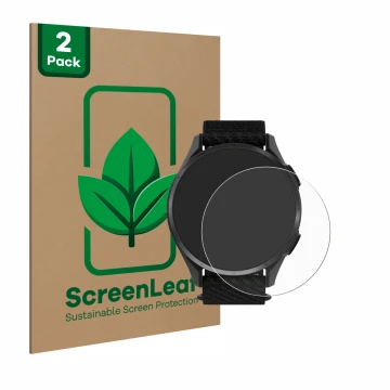 Face avant d’un emballage produit avec le logo de la marque ScreenLeaf. À côté, l’appareil Garmin Approach S50 est représenté 