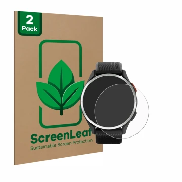 Face avant d’un emballage produit avec le logo de la marque ScreenLeaf. À côté, l’appareil Garmin Approach S44 est représenté 